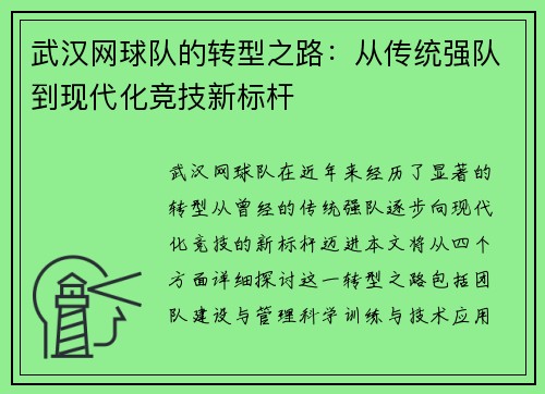 武汉网球队的转型之路：从传统强队到现代化竞技新标杆